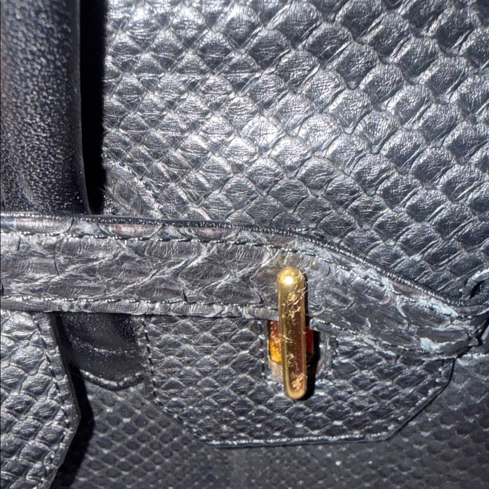 Structured Black Leather Satchel with Gold-Tone Hardware snake skin - Picture 15 of 16